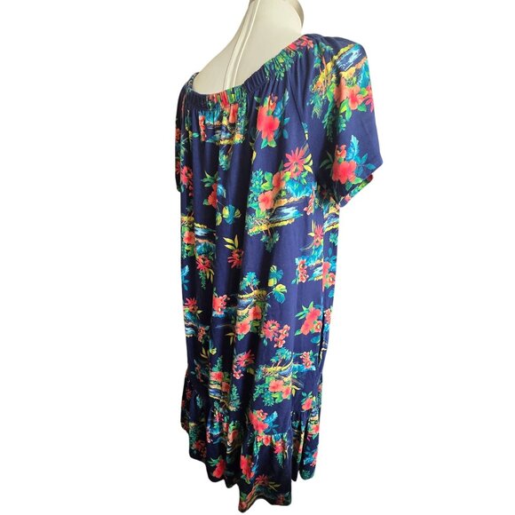 Lands End Hawaiian Floral Off-Shoulder Navy Dress With Ruffle Size XL 18 CM2012 - Picture 5 of 10